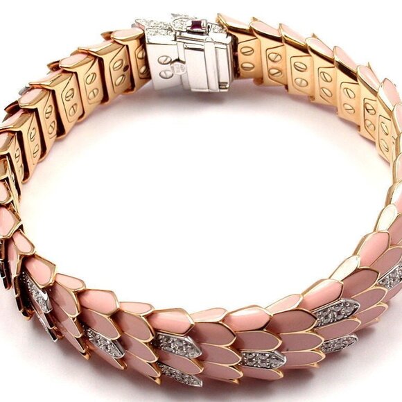 Pink Roberto Coin Cobra 18KT PINK Enamel & Diamond Bracelet 7” - Picture 9 of 11
